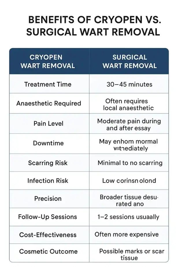 Table showing the benefits of cryopen to remove warts Salford compared to surgical treatment